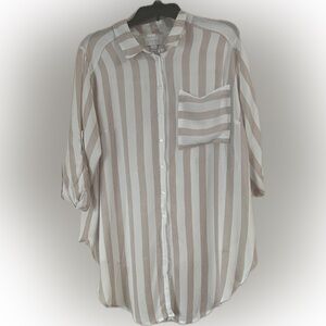 VIXBE Striped Tie Front Button Up Shirt Large Roll Tab Sleeves Dusty Rose Pink